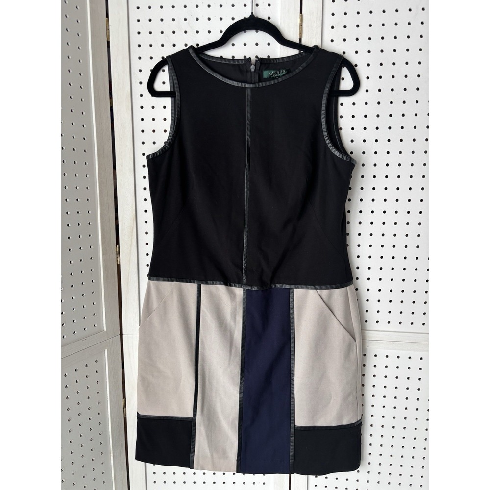 Lauren Ralph Lauren Sleeveless Colorblock Dress Leather Trim Detail Women's 12